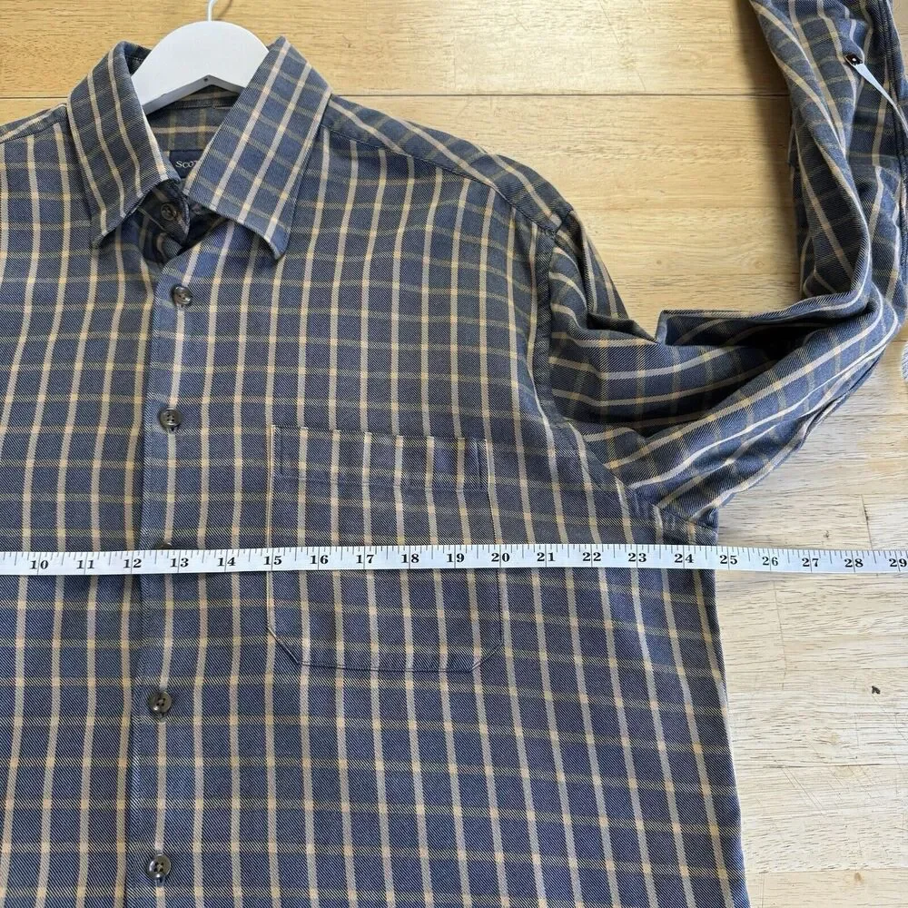 SCOTT BARBER Men's Button Down Shirt Gray Brushed Plaid Long Sleeve Pocket L